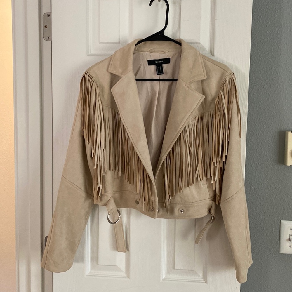 Vegan suede moto jacket with fringe tassels